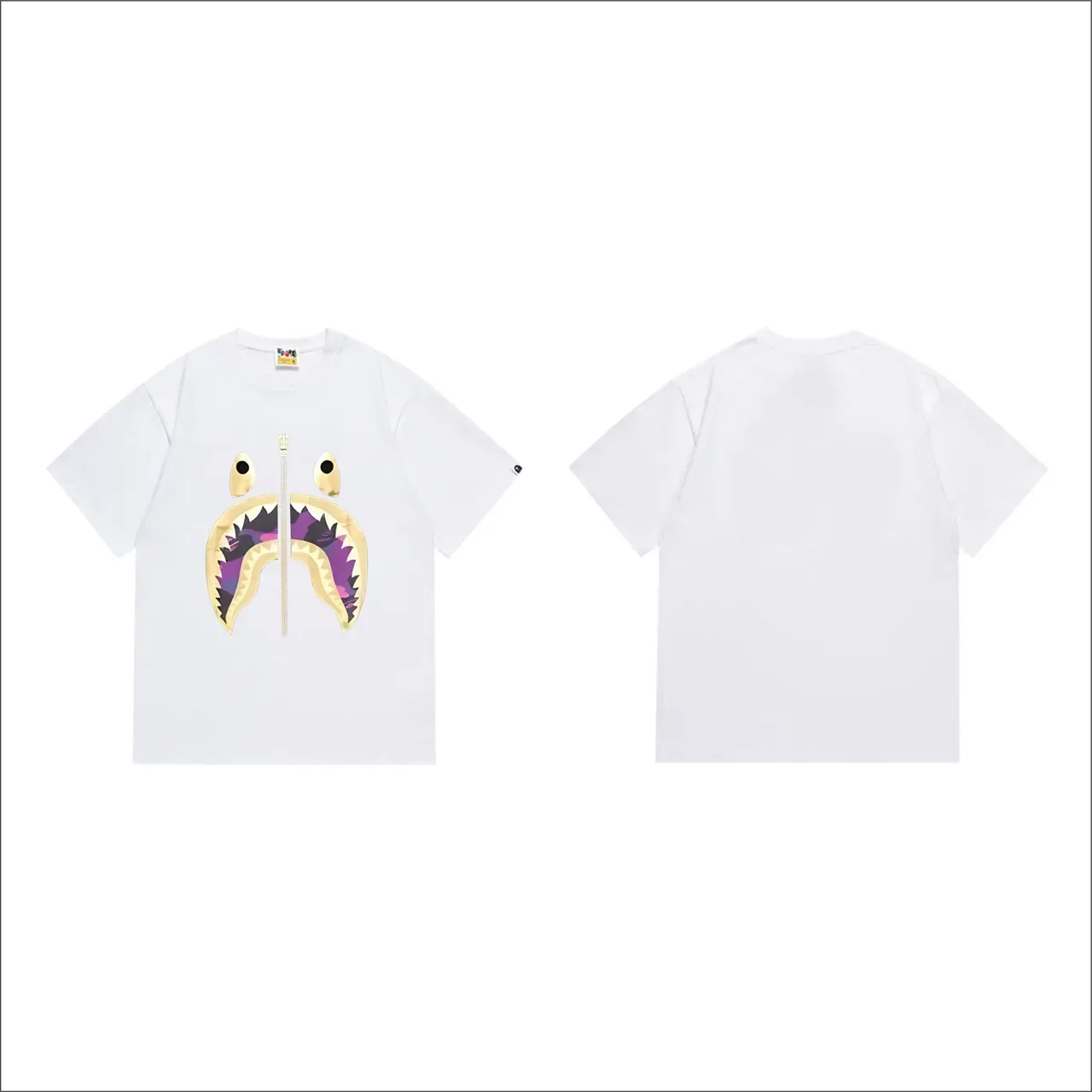 T-shirt A Bathing Ape Shark Hoodie noir et violet imprimé graphique détail zip 2