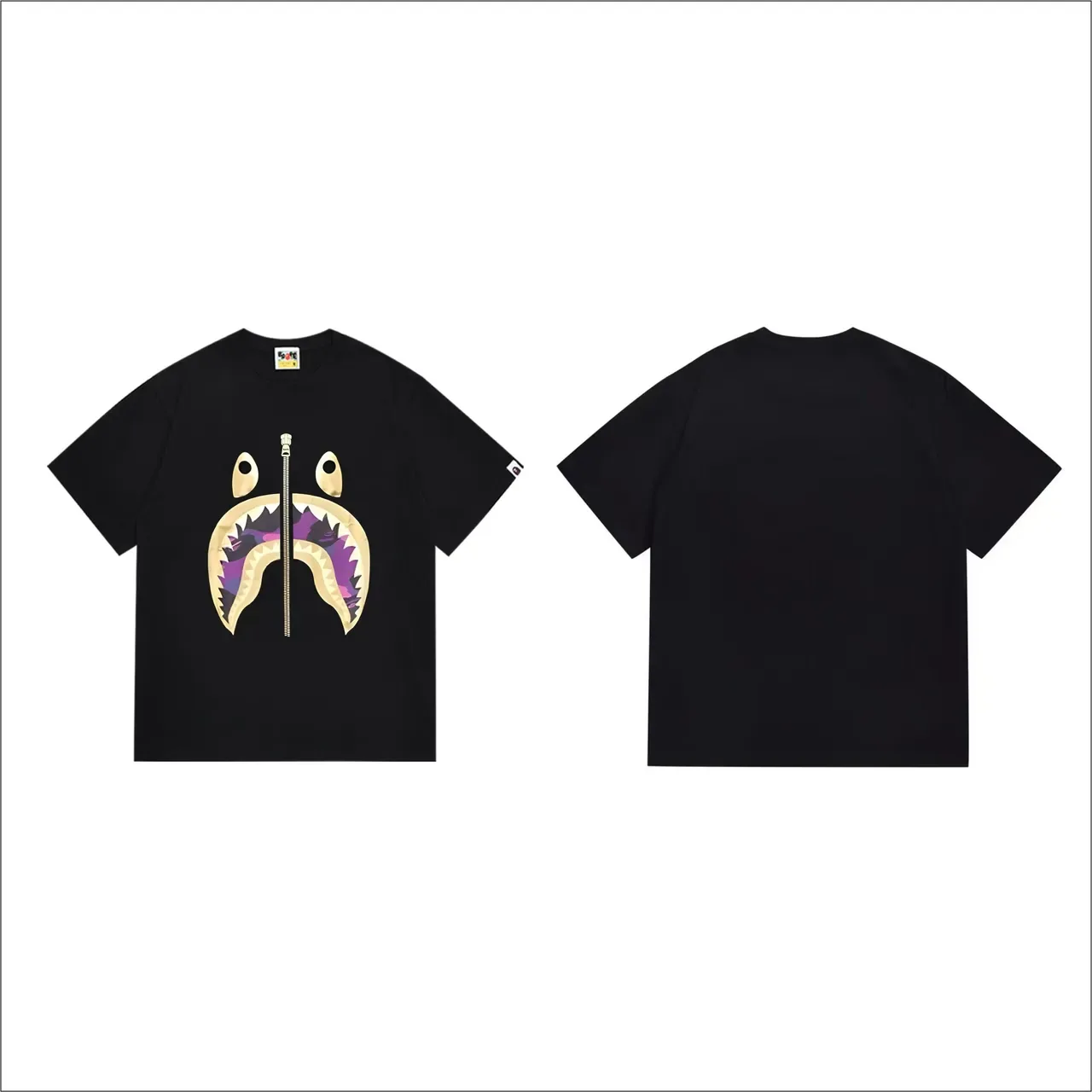 T-shirt A Bathing Ape Shark Hoodie noir et violet imprimé graphique détail zip 5