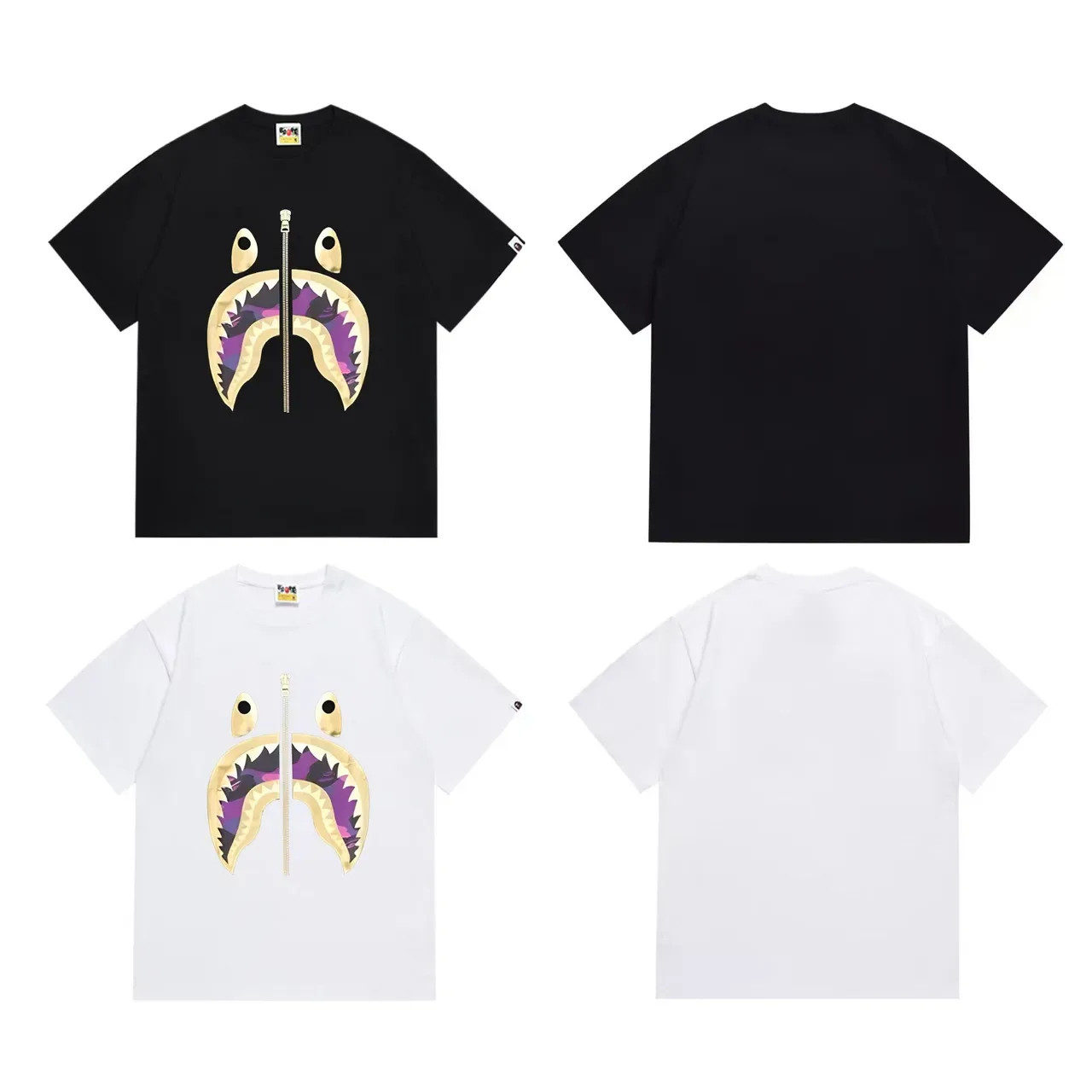 T-shirt A Bathing Ape Shark Hoodie noir et violet imprimé graphique détail zip 7