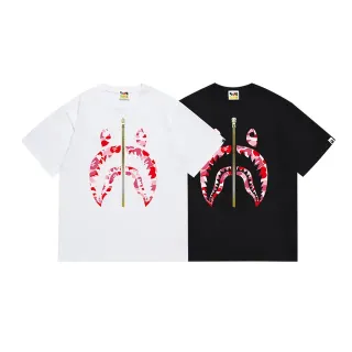 A Bathing Ape Shark Hoodie White Pink Graphic Front-Print Central Gold Zipper Detail T-Shirt