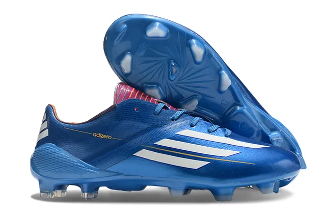 Adidas adizero Superior rosa e azul geométrico branco três listras marca superfície firme sapatos de futebol 13