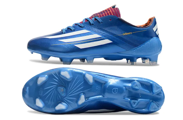 Adidas adizero Superior rosa e azul geométrico branco três listras marca superfície firme sapatos de futebol 14