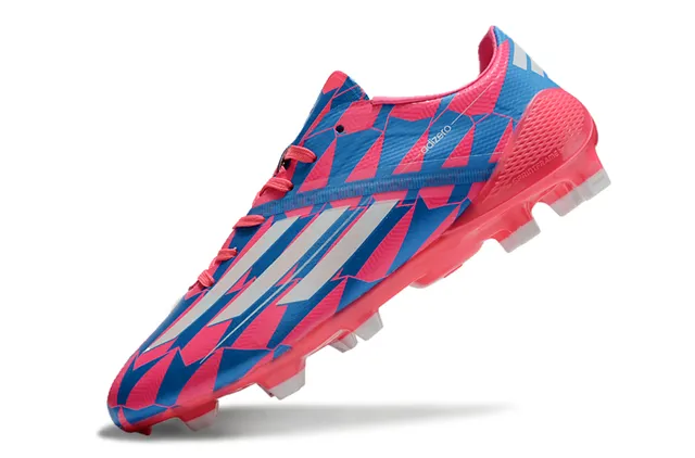 Adidas adizero Superior rosa e azul geométrico branco três listras marca superfície firme sapatos de futebol 17