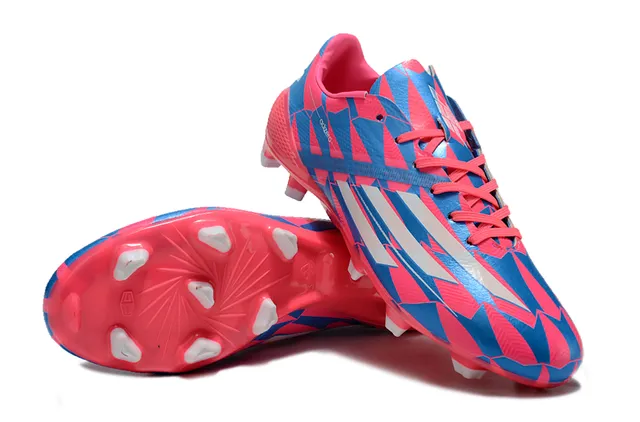 Adidas adizero Superior rosa e azul geométrico branco três listras marca superfície firme sapatos de futebol 18