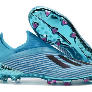 Adidas 蓝色粉色半透明青色针织鞋面金属反光鞋底板钉入式足球鞋