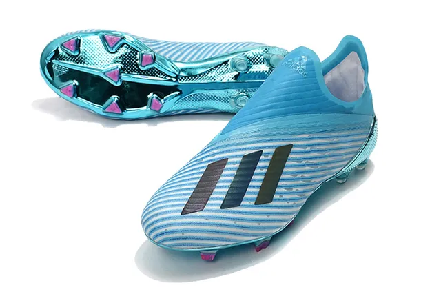 Adidas 蓝色粉色半透明青色针织鞋面金属反光鞋底板钉入式足球鞋 6
