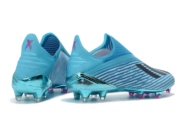 Adidas 蓝色粉色半透明青色针织鞋面金属反光鞋底板钉入式足球鞋 7