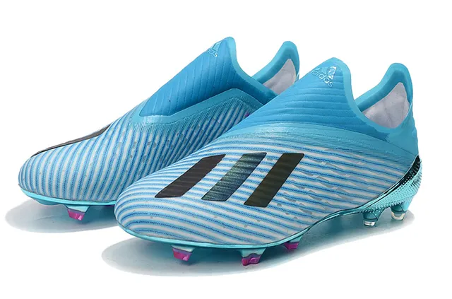 Adidas 蓝色粉色半透明青色针织鞋面金属反光鞋底板钉入式足球鞋 8