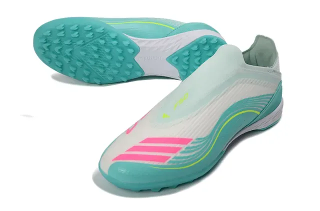 Adidas नीली सफेद बिना लेस वाले सॉक फिट मोल्ड टर्फ स्टड आर्टिफिशियल ग्रास फुटबॉल जूते 5