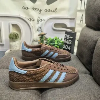 Adidas بني أزرق نسيج منسوج علوية خفيفة ثلاث شرائط أحذية سنيكرز أسلوب حياة