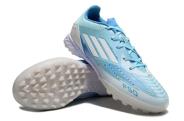 Adidas F50 Chuteira de Futebol Turf Azul Claro Branco 4