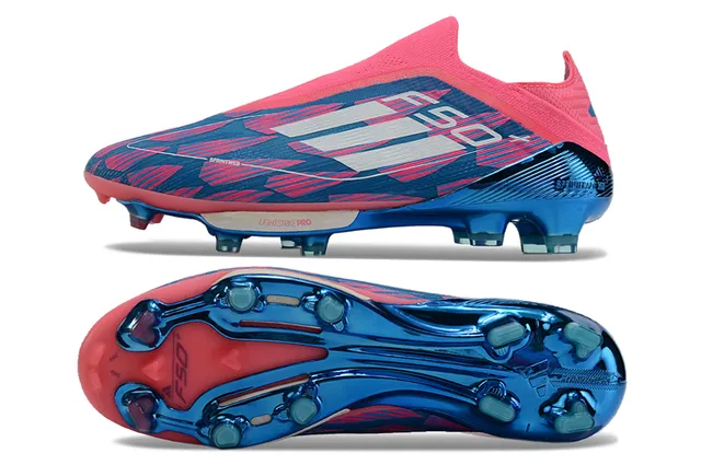 Adidas F50 गुलाबी-नीली सॉक-फिट कॉलर ज्यामितीय ऊपरी फर्म-ग्राउंड फुटबॉल जूते 6