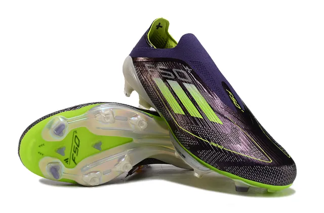 Adidas F50 Zapatos de fútbol con upper de tejido Knit en morado y verde, cuello sock-fit, para terreno firme 4