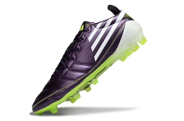 Adidas F50 Chaussures de football cuir supérieur violet vert métallique vamp matelassé terrain ferme 3