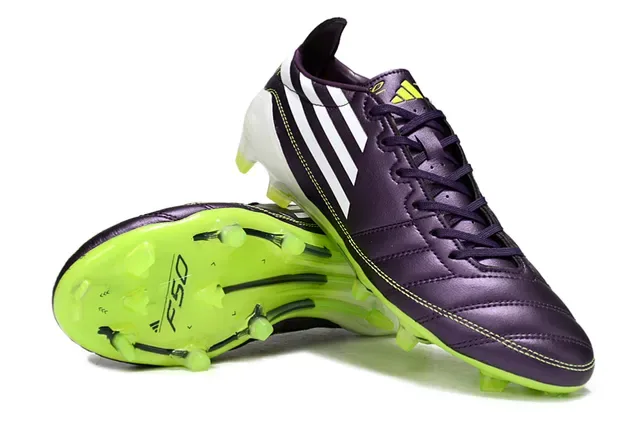 Adidas F50 Chaussures de football cuir supérieur violet vert métallique vamp matelassé terrain ferme 4