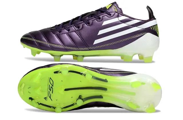 Adidas F50 Chaussures de football cuir supérieur violet vert métallique vamp matelassé terrain ferme 6