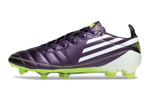 Adidas F50 Chaussures de football cuir supérieur violet vert métallique vamp matelassé terrain ferme 7