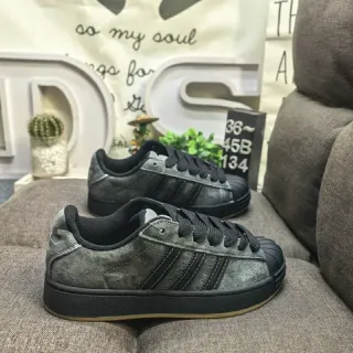 Adidas رمادي أسود أعلى جلد سويد متضرر تراكب ثلاث شرائط حذاء رياضي نمط حياة