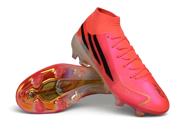 Adidas Zapatos de fútbol naranja y negro de alto corte con ajuste de calcetín upper translúcido iridiscente suela de superficie firme 4
