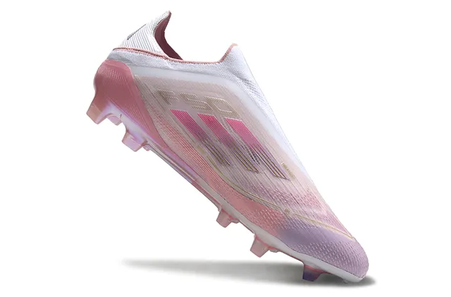 Adidas Sapatos de futebol rosa branco com malha iridescente na parte superior, gola tipo meias, para gramado firme 2