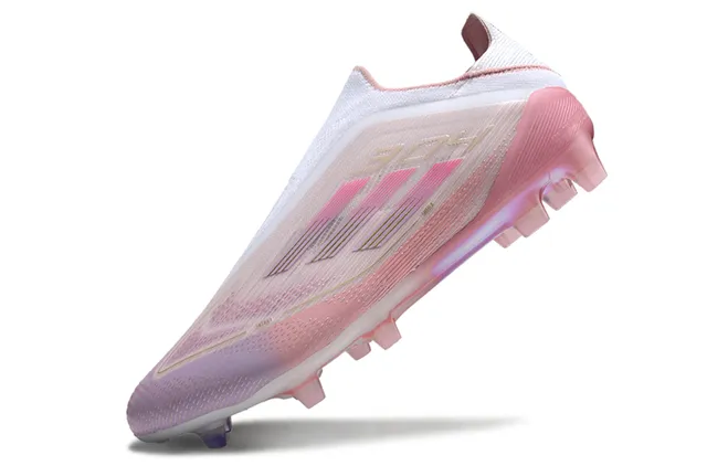 Adidas Sapatos de futebol rosa branco com malha iridescente na parte superior, gola tipo meias, para gramado firme 3