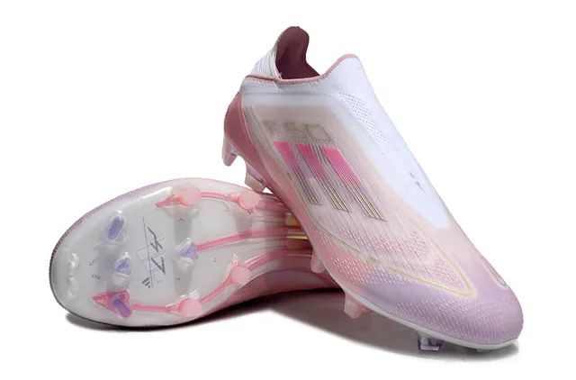 Adidas Sapatos de futebol rosa branco com malha iridescente na parte superior, gola tipo meias, para gramado firme 4