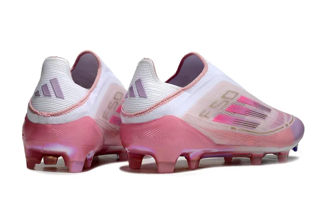 Adidas Sapatos de futebol rosa branco com malha iridescente na parte superior, gola tipo meias, para gramado firme 5