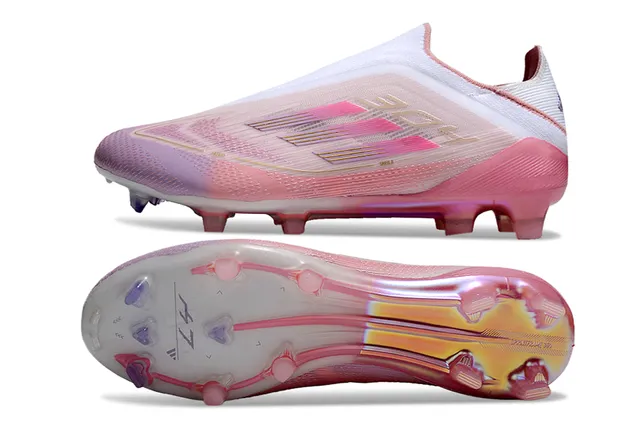 Adidas Sapatos de futebol rosa branco com malha iridescente na parte superior, gola tipo meias, para gramado firme 6
