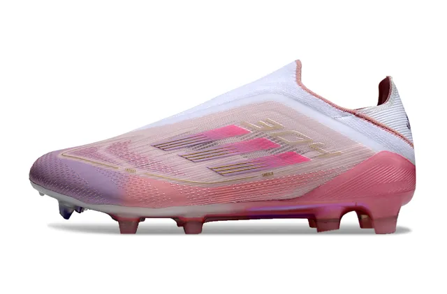 Adidas Sapatos de futebol rosa branco com malha iridescente na parte superior, gola tipo meias, para gramado firme 7
