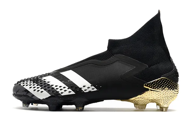 Adidas Predator Chaussures de football noir et or coupe haute ajustement chaussette partie supérieure contrefort métallique talon terrain ferme 5