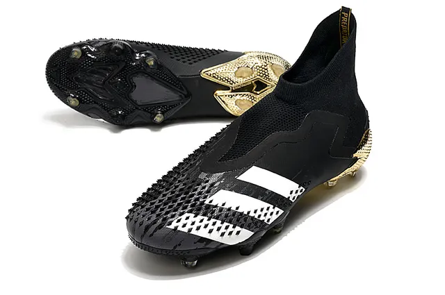 Adidas Predator Chaussures de football noir et or coupe haute ajustement chaussette partie supérieure contrefort métallique talon terrain ferme 6