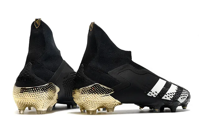 Adidas Predator Chaussures de football noir et or coupe haute ajustement chaussette partie supérieure contrefort métallique talon terrain ferme 7