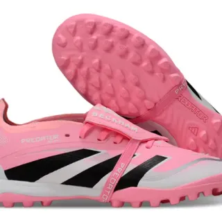 Adidas Predator 粉黑低帮无鞋带魔术带草地足球鞋