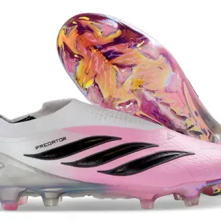 Adidas Predator Zapatos de Fútbol Rosa Blanco Low-Cut Upper Ajuste Calcetín Iridiscente Translucido Placa Suela Suelo Firme