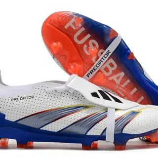 Adidas Predator Blanc Bleu Empeigne Synthétique Perforée Sangle Asymétrique Sans Lacets Pour Terrain Ferme Chaussures de Football