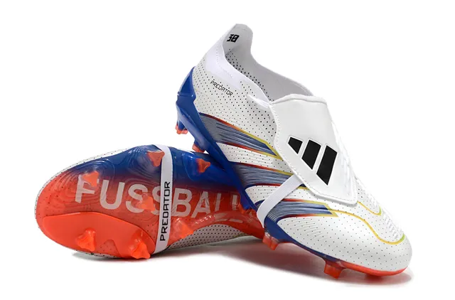 Adidas Predator Branco Azul Superior Sintético Perfurado Assimétrico Sem Cadarço Cinto para Campo Firme Sapatos de Futebol 4