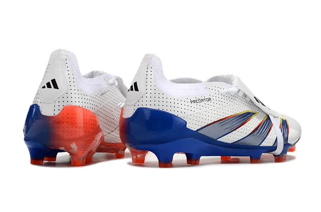 Adidas Predator Branco Azul Superior Sintético Perfurado Assimétrico Sem Cadarço Cinto para Campo Firme Sapatos de Futebol 5