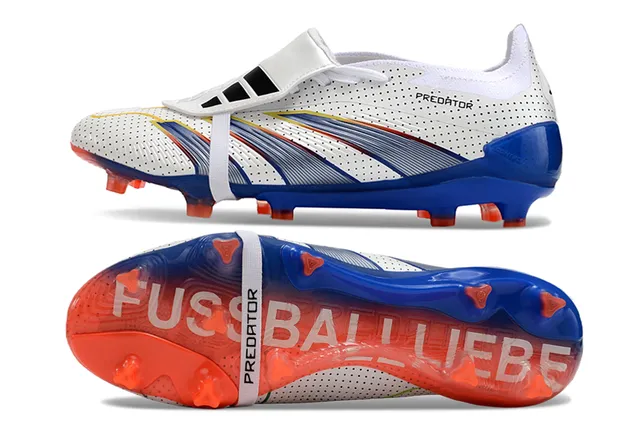 Adidas Predator Branco Azul Superior Sintético Perfurado Assimétrico Sem Cadarço Cinto para Campo Firme Sapatos de Futebol 6