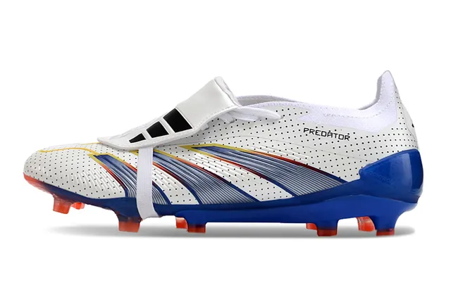 Adidas Predator Branco Azul Superior Sintético Perfurado Assimétrico Sem Cadarço Cinto para Campo Firme Sapatos de Futebol 7