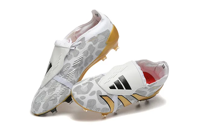 Adidas Predator White Gold Sem cadarço Fechamento de tirante Padrão Camo Malha Superior Campo Firme Sapatos de Futebol 3