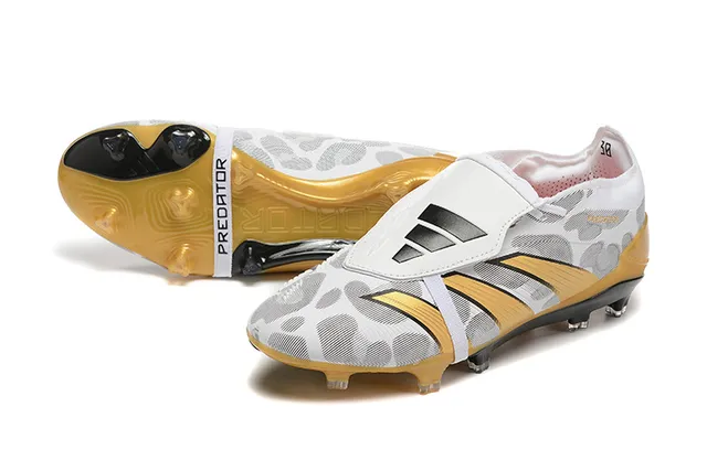 Adidas Predator White Gold Sem cadarço Fechamento de tirante Padrão Camo Malha Superior Campo Firme Sapatos de Futebol 7