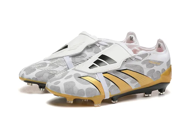 Adidas Predator White Gold Sem cadarço Fechamento de tirante Padrão Camo Malha Superior Campo Firme Sapatos de Futebol 8