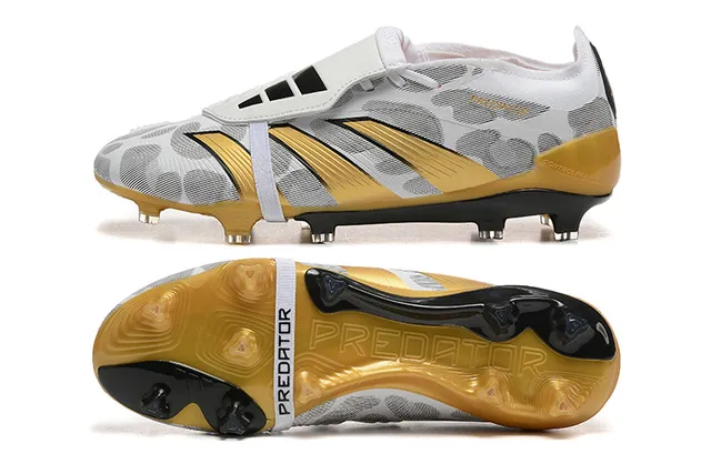 Adidas Predator White Gold Sem cadarço Fechamento de tirante Padrão Camo Malha Superior Campo Firme Sapatos de Futebol 9