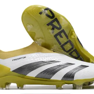Adidas Predator Blanc Jaune Coupe basse Tige tricotée Superposition synthétique texturée Semelles pour terrain ferme Chaussures de football
