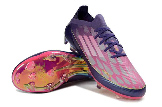 Adidas Roxo Rosa Baixo Corte Upper de Ajuste a Meia Sobreposição de Gradiente Iridescente Gramado Firme Sapatos de Futebol 4