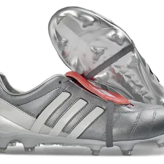 Adidas Chaussures de football tige cuir métallique argenté rouge à trois bandes blanches pour terrain ferme