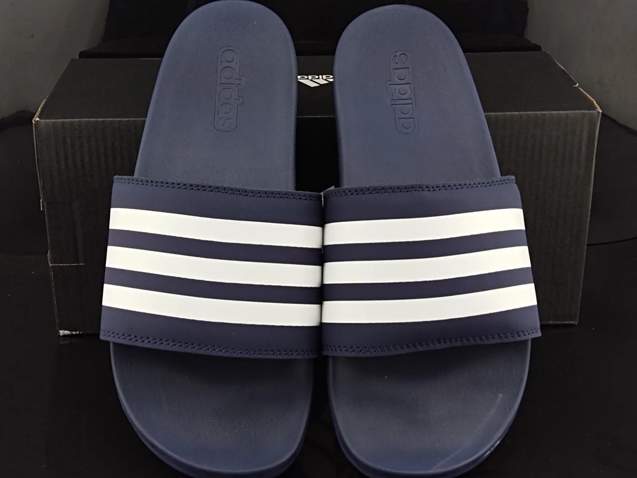 Adidas Slide 海军白 模制鞋垫 三条纹 鞋带 拖鞋 5