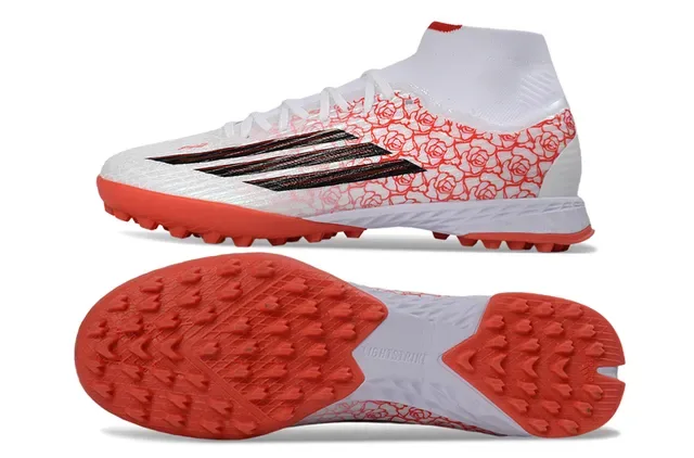 Adidas सफेद लाल हाई-कट सॉक-फिट कॉलर गुलाब पैटर्न सिंथेटिक अपर आर्टिफिशियल ग्रास फुटबॉल जूते 6