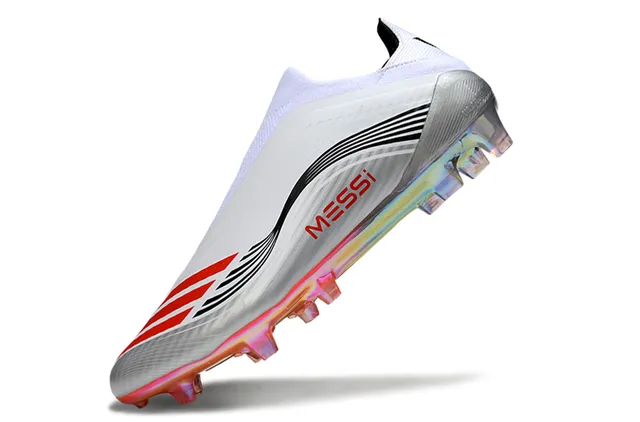 Adidas Zapatos de fútbol blancos rojos de corte bajo con ajuste de calcetín suela iridiscente para terreno firme 3
