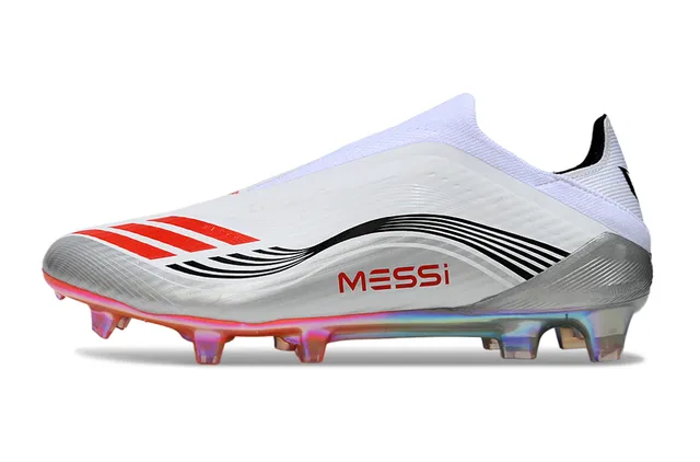 Adidas Zapatos de fútbol blancos rojos de corte bajo con ajuste de calcetín suela iridiscente para terreno firme 7